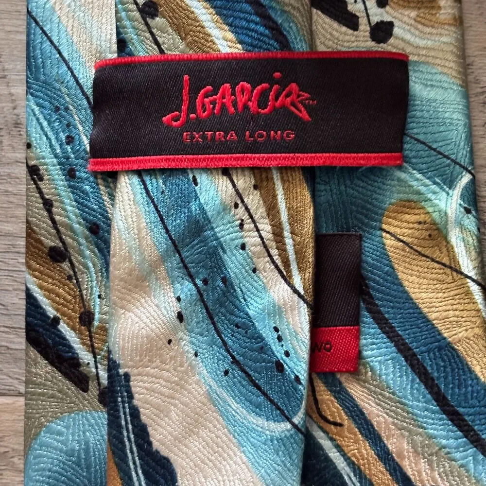 J. Garcia Extra Long 100% Silk Abstract Blue Gold Men's Neck Tie Clockworks